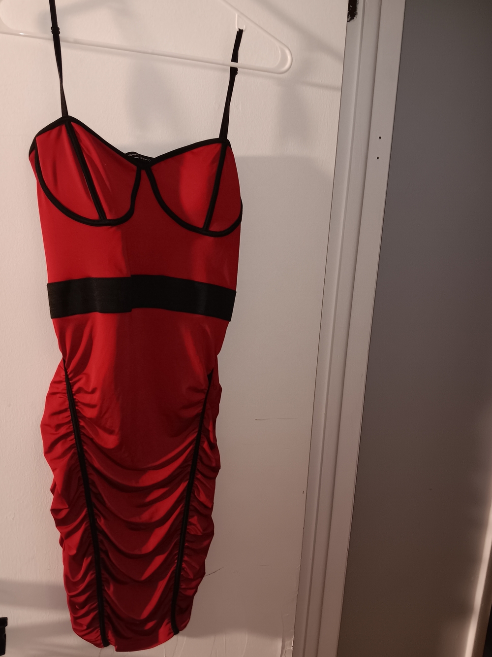 Symphony Red Ruched Bodycon Dress with Black Trim